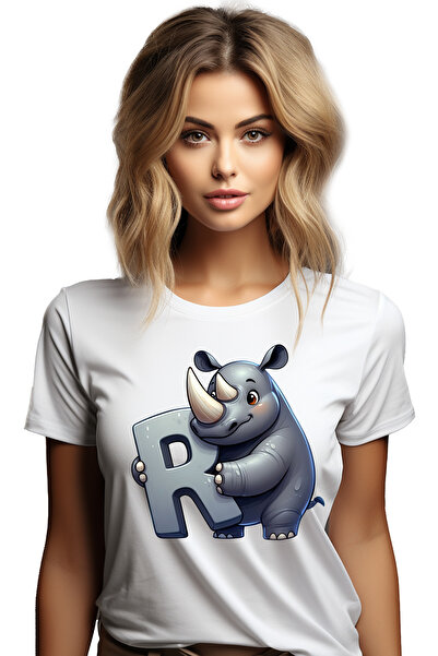 StoryGift Romania Tricou Femei Cu Un Rinocer Cu Litera "r", Ilustratie, Pentr...