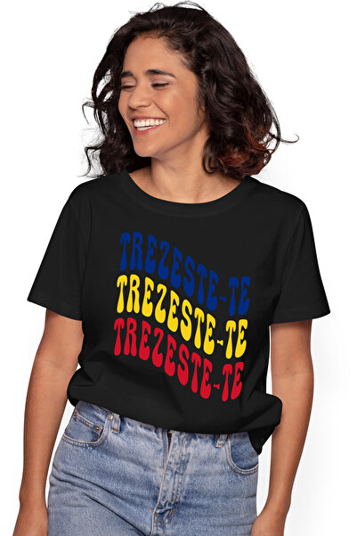 StoryGift Romania Tricou Femei Cuvantul Trezeste-te, In Culorile Steagului Ro...