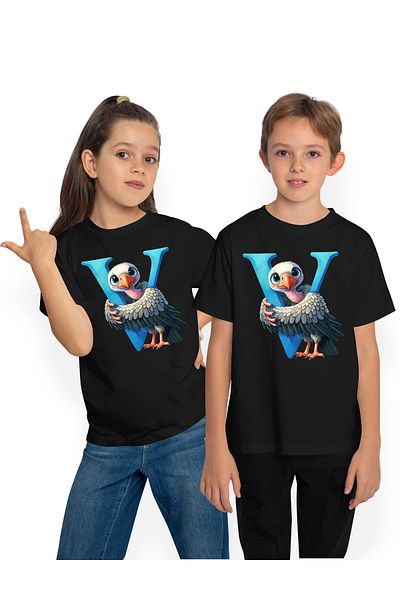 StoryGift Romania Children's T-shirt with a bald eagle with the letter "V", illustration, for children, school, student, al, STG4