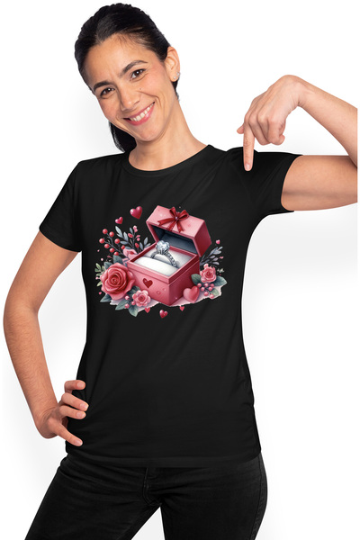 StoryGift Romania Tricou Femei Cu Un Inel Cu Diamant, Ilustratie, Trandafir, Floricele, Valentine' Blk_s