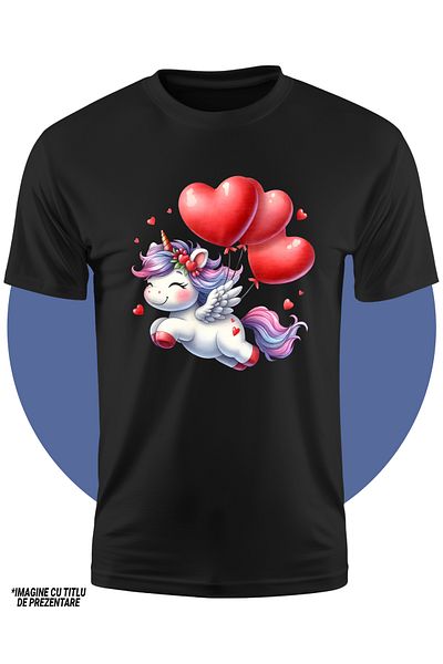 StoryGift Romania Tricou Copii Cu Un Unicorn Care Zburda Vesel, Ilustratie, Bucurie, Baloane, Inimioare, Afe
