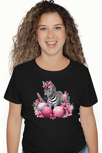 StoryGift Romania Women's T-shirt with a zebra, illustration, poppies, balls of thread, pink, white, plants, BLK_L, STG51750
