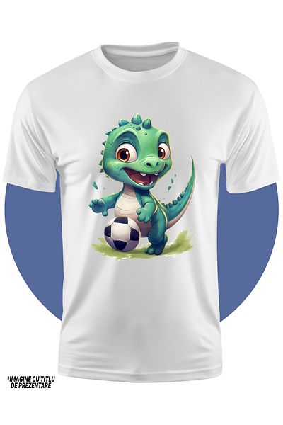 StoryGift Romania Kids T-shirt with a green dinosaur playing football, illustration, match, training, victor, STG4