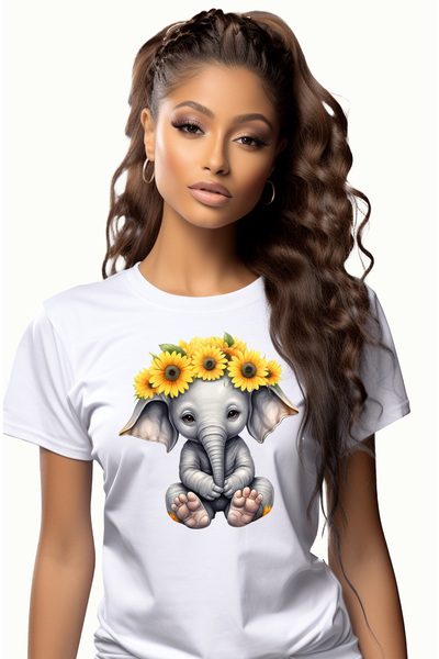 StoryGift Romania Tricou Femei cu un pui de elefant cu multe flori pe cap, fl...