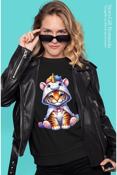 StoryGift Romania Women's T-shirt with a tiger in a unicorn costume, illustration, for children, playful, BLK_M