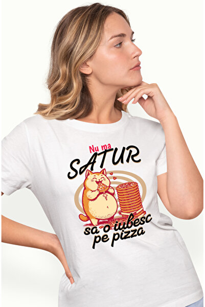 StoryGift Romania Tricou Femei Pisica Pufoasa Iubitoare De Pizza Nu Ma Satur Cu Imprimeu Pe Fata, Wht_l