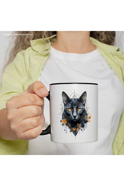 StoryGift Romania Cat Mug, Geometric, Prism, Flowers, Leaves, Freesia, Multicolor 330 ml, Sky, With ,STG