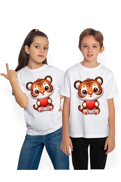 StoryGift Romania Children's T-shirt with a tiger cub holding a heart in its arms, illustration, appreciation, recognition, STG4