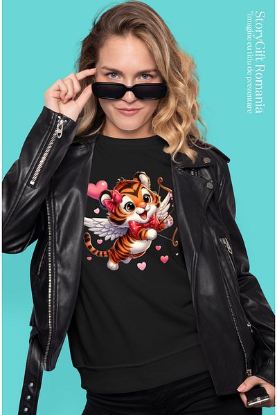 StoryGift Romania Women's T-shirt with a tiger Cupid shooting a bow, illustration, hearts, stripes BLK_L