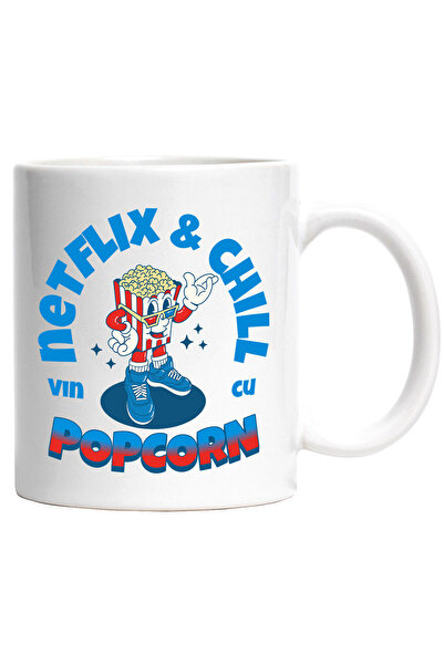 StoryGift Romania Cana Cu Punga Popcorn Cu Ochelari 3d Adidasi Albastri Film Cinema Text Netflix &, Cu Maner Alb Stg