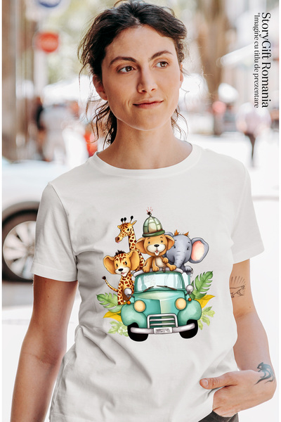 StoryGift Romania Tricou Femei Cu Animale Din Jungla Care Se Plimba Cu O Masina, Ilustratie, Giraf Wht_l