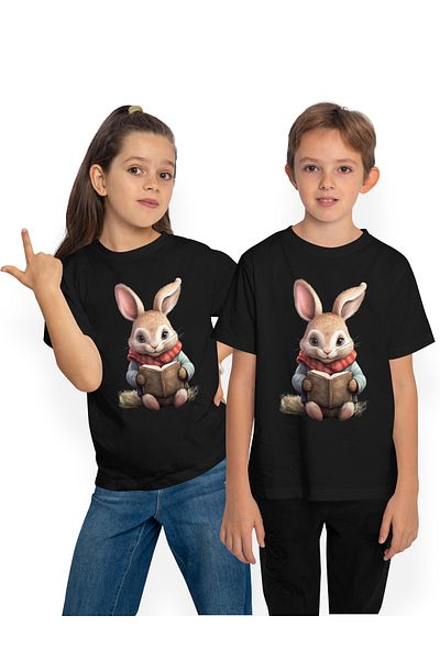 StoryGift Romania Tricou Copii Cu Un Iepuras Care Tine O Carte Deschisa, Ilustratie, Imbracat Gros, Fular, F