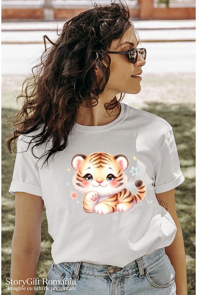 StoryGift Romania Women's T-shirt with a cheerful tiger cub standing idle, illustration, carefree, WHT_L,STG