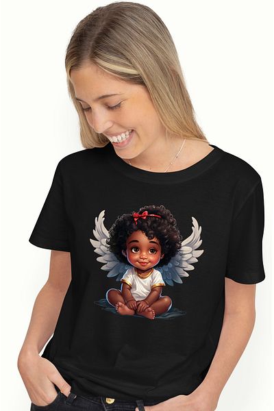 StoryGift Romania Tricou Femei Cu O Fetita De Culoare, Ilustratie, Aripi De Ingeras, Copilarie, Cu Blk_l