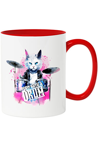 StoryGift Romania Cana Cu Pisica Baterista Cu Mesajul "born With A Drum", Bate La Tobe, Nascuta Cu, Cu Maner Rosu