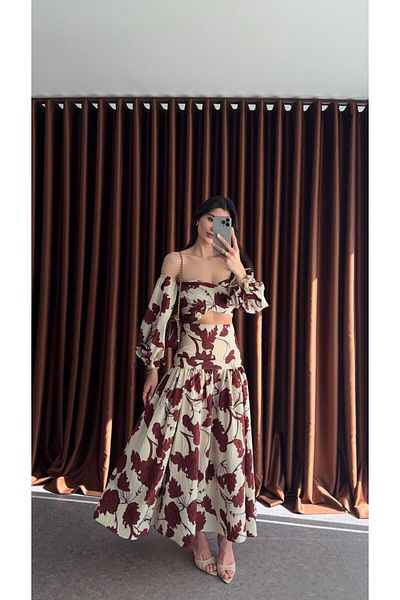 HAZELANNA مجموعة بلوزة وتنورة منقوشة بالزهور