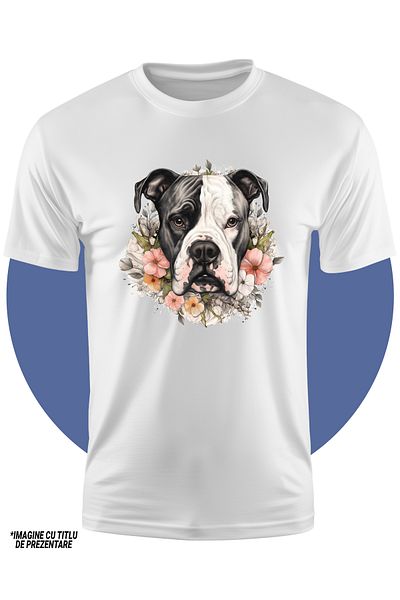 StoryGift Romania Tricou Copii Cu Un Caine Boxer Serios, Rusinat, Ilustratie, Flori Divers Colorate, Pentru
