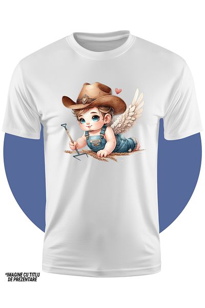 StoryGift Romania Tricou Copii Cu Un Bebelus Cu Aripi Care Tine O Furca, Ilustratie, Grau, Palarie De Cowboy