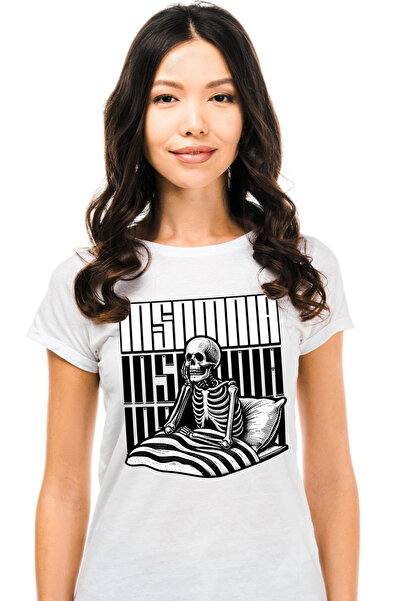 StoryGift Romania Tricou Femei Schelete In Pat Incercand Sa Doarma Insomnia Skelet Cu Imprimeu Pe Wht_l