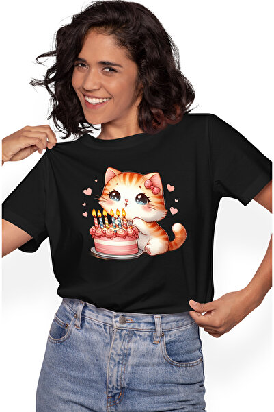 StoryGift Romania Tricou Femei Cu O Pisicuta Care Sufla In Lumanarile De Pe T...