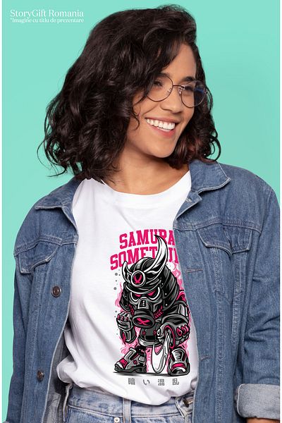 StoryGift Romania Women's T-Shirt With Robot Warrior With Armor And Gas Mask, Text In English Sable WHT_L