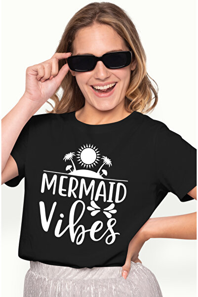 StoryGift Romania Tricou Femei Cu Ilustratie Afisand O Insula Si Textul "mermaid Vibes" - Sirena T Blk_m