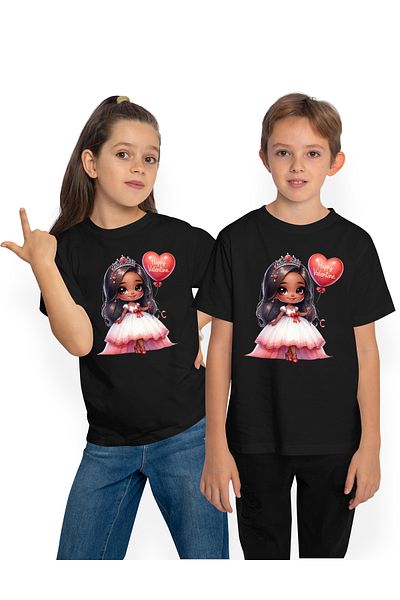StoryGift Romania Tricou Copii Cu O Fetita Care Tine Un Balon Cu Mesajul "happy Valentine", Ilustratie, Feri