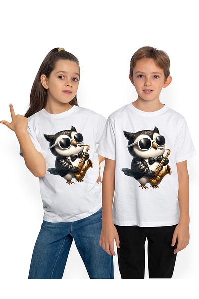 StoryGift Romania Tricou Copii Cu O Bufnita, Ilustratie, Papion, Canta La Saxofon, Ochelari, Muzica, Instrum