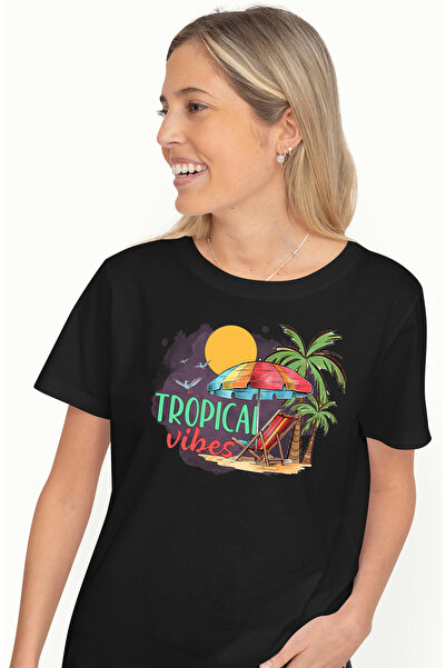 StoryGift Romania Tricou Femei Cu Mesajul "tropical Vibes", Vara, Vacanta, Re...