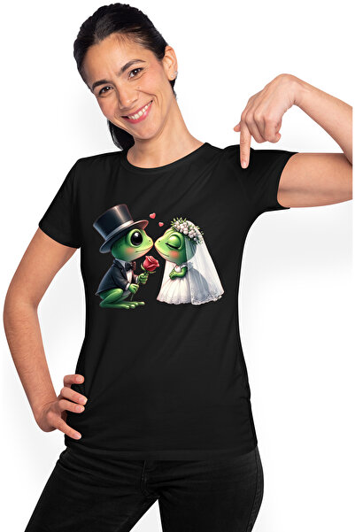 StoryGift Romania Tricou Femei Cu 2 Broaste La Nunta, Ilustratie, Inimioare, ...