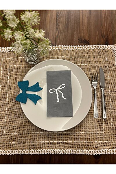 kidspartim Gümüş Yaldızlı Gri Fiyonk Baskılı Garson Katlama Peçete 16 Adet