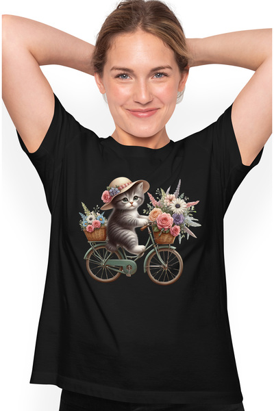 StoryGift Romania Tricou Femei Cu O Pisicuta Care Se Plimba Cu Bicicleta, Ilu...