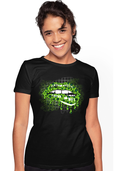 StoryGift Romania Tricou Femei Cu Niste Buze Date Cu Ruj Verde, Ilustratie, Trifoi, Irlanda, Musca Blk_l