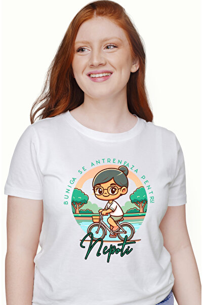 StoryGift Romania Tricou Femei Femeie Batrana Pe Biciceta In Parc Text Bunica...