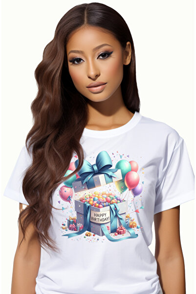 StoryGift Romania Tricou Femei Cu Un Cadou Deschis Cu Mesajul "happy Birthday", Ilustratie, Multe Wht_m