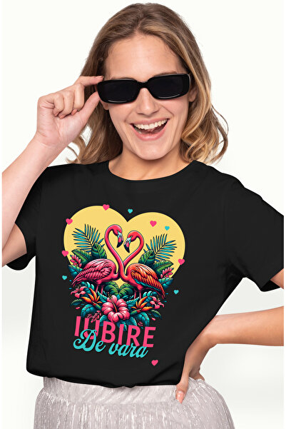 StoryGift Romania Tricou Femei Pasari Flamingo Roz Iubire Dragoste De Vara Cu Imprimeu Pe Fata, 10 Blk_l