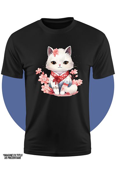 StoryGift Romania Tricou Copii Cu O Pisicuta Care Poarta O Vestimentatie Japoneza, Floricele, Serioasa, Mela