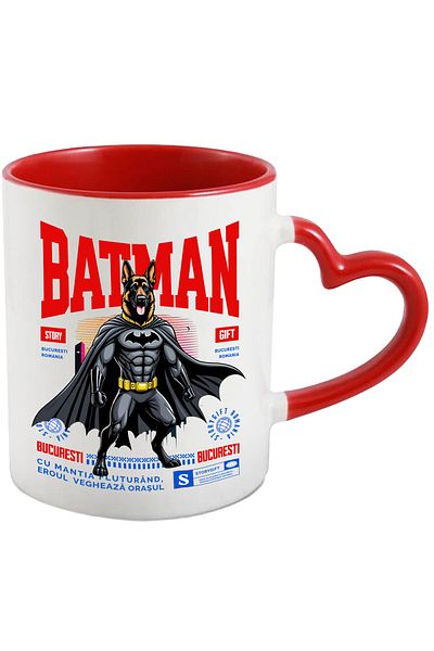 StoryGift Romania Cana Cu Ciobănesc German / German Shepherd Caine In Costum De Batman Cu Pelerina, Cu Maner Inim Stg