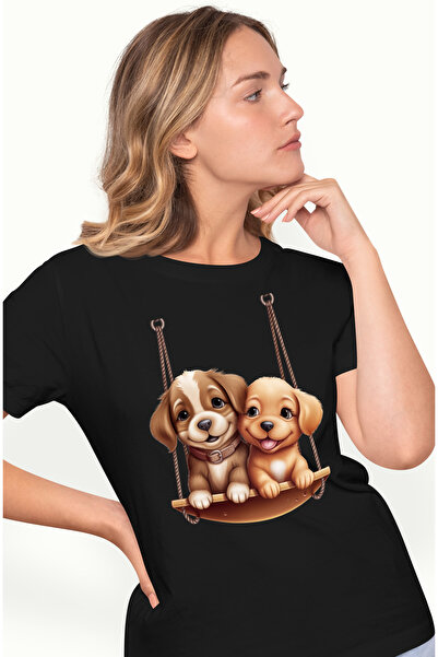StoryGift Romania Women's T-shirt with 2 puppies swinging, illustration, playmates BLK_L
