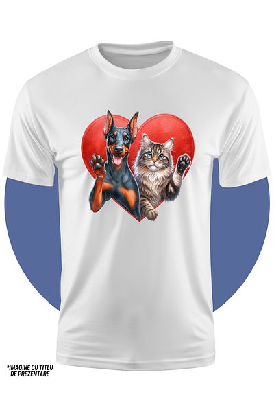 StoryGift Romania Tricou Copii Cu O Pisica Si Un Caine, Ilustratie, Fac Cu Mana, Cadru In Forma De Inima, Ve