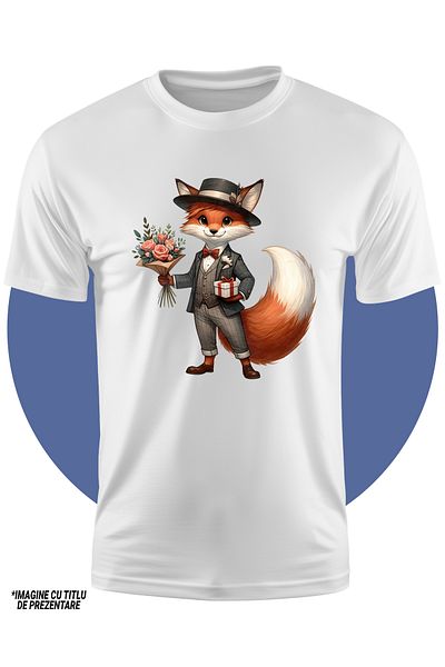 StoryGift Romania Tricou Copii Cu Un Vulpoi Care Tine Un Buchet Cu Flori Si Un Cadou, Ilustratie, Dar Pentru