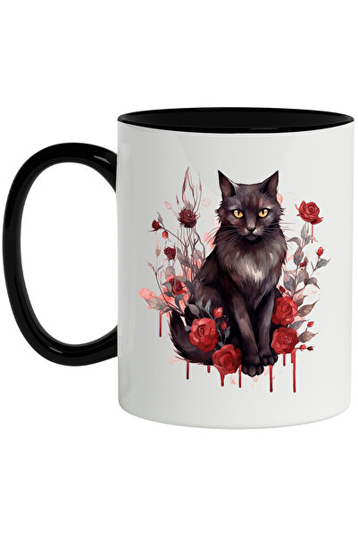 StoryGift Romania Cana Cu Pisica, Trandafiri, Watercolor, Frunze, Gotic, Mult...