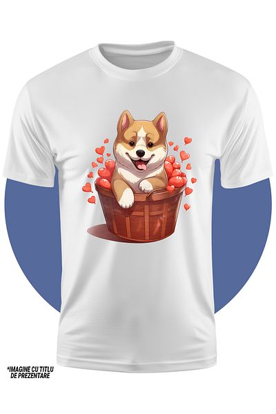 StoryGift Romania Tricou Copii Cu Un Catel Vesel Care Sta Intr-un Cos, Ilustratie, Jucaus, Inimioare, Apreci