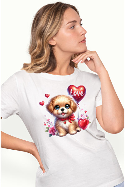 StoryGift Romania Tricou Femei Cu Un Catelus Vesel Cu Ochi Sclipitori, Ilustratie, Inimioare, Balo Wht_m