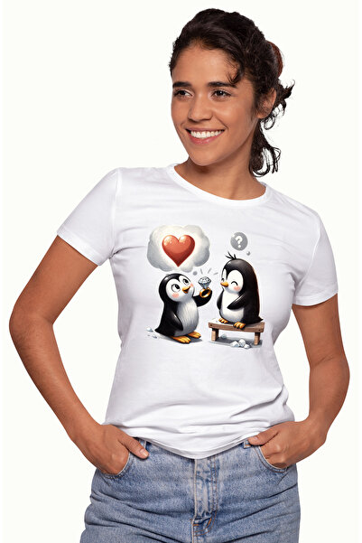 StoryGift Romania Tricou Femei Cu 2 Pinguini Veseli, Ilustratie, Inel Din Aur Cu Diamant, Polul No Wht_l