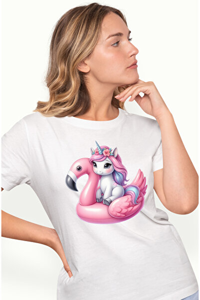StoryGift Romania Tricou Femei Cu Un Unicorn Care Sta Pe Un Colac In Forma De Flamingo, Ilustratie Wht_l