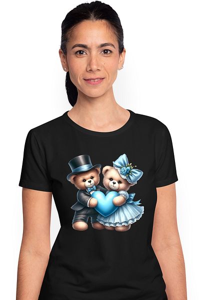 StoryGift Romania Tricou Femei Cu 2 Ursuleti De Plus Care Tin O Inima Albastra, Ilustratie, Rochie Blk_l