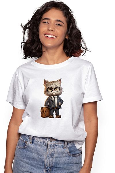 StoryGift Romania Tricou Femei Cu Un Motan La Costum, Ilustratie, Servieta, Ochelari, Pentru Iubit Wht_m