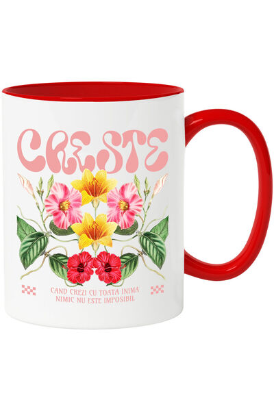 StoryGift Romania Cana Cu Flori Colorate Text In Limba Romana Creste Cand Crezi Cu Toata Inima Nim, Cu Maner Rosu Stg