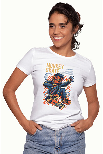 StoryGift Romania Tricou Femei Cu Maimuta In Costum De Astronaut Pe Skateboar...